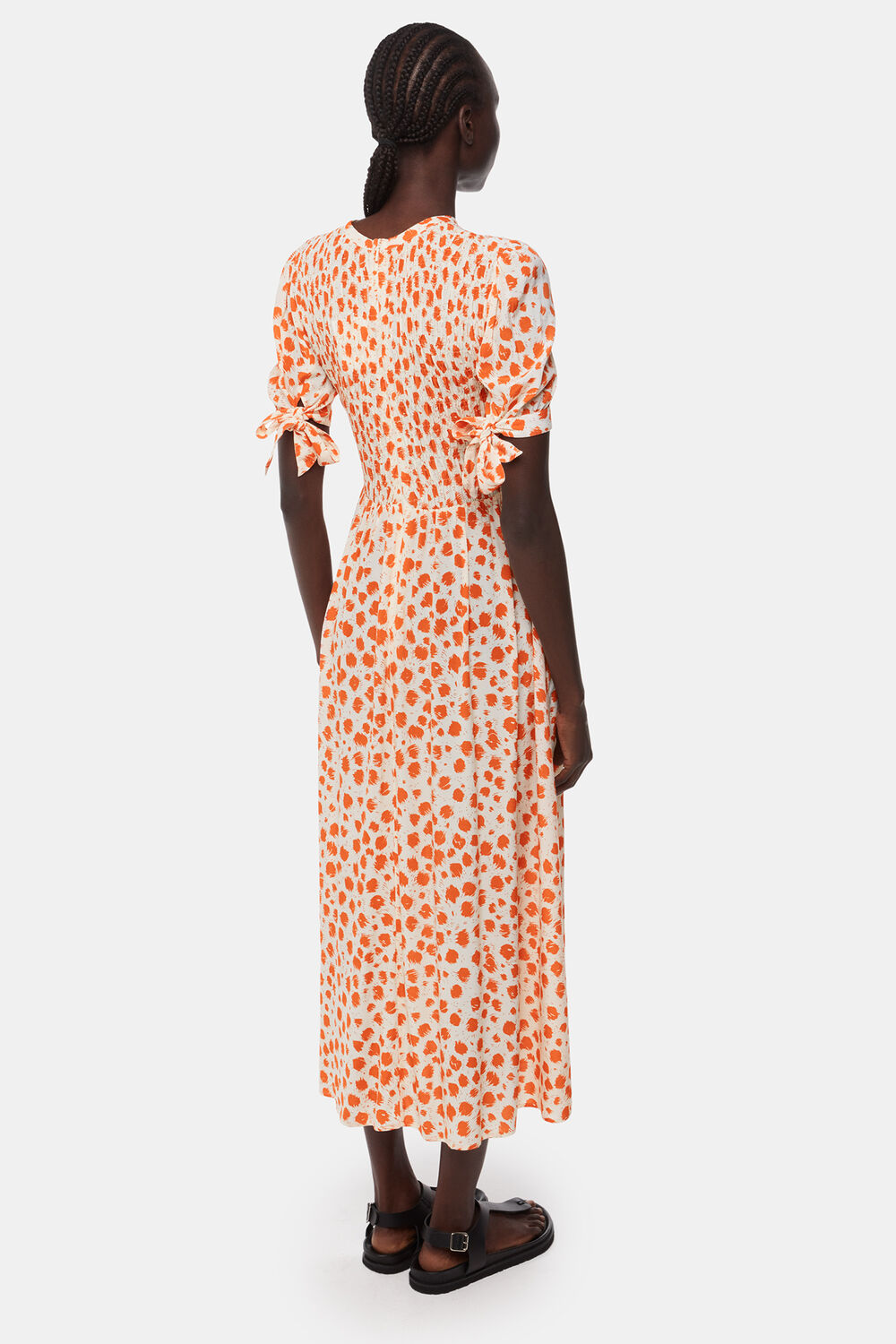 Spot Shirred Midi Dress